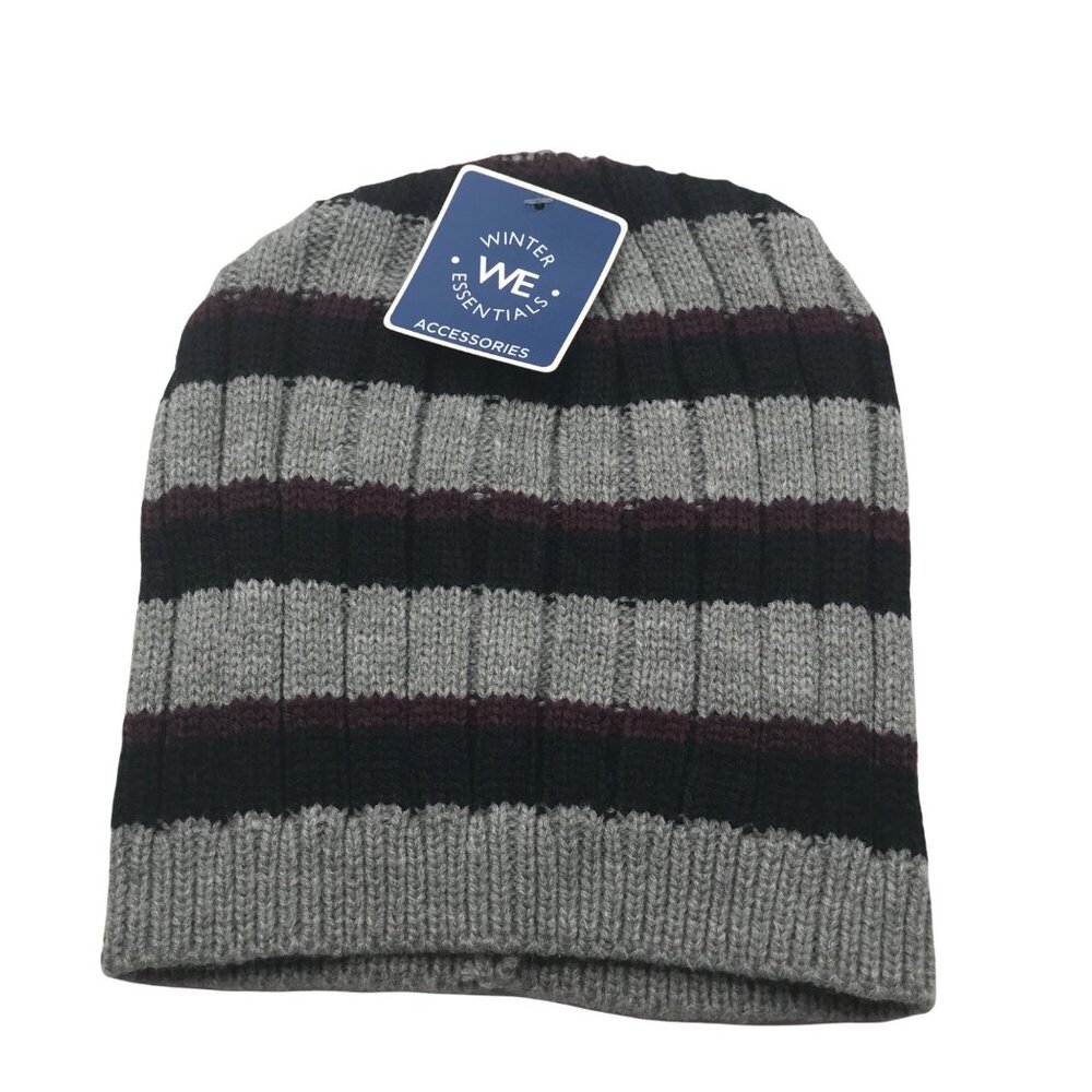 Winter Essentials Men's One Size Gray/Black/Burgundy Stripes Knit Beanie New